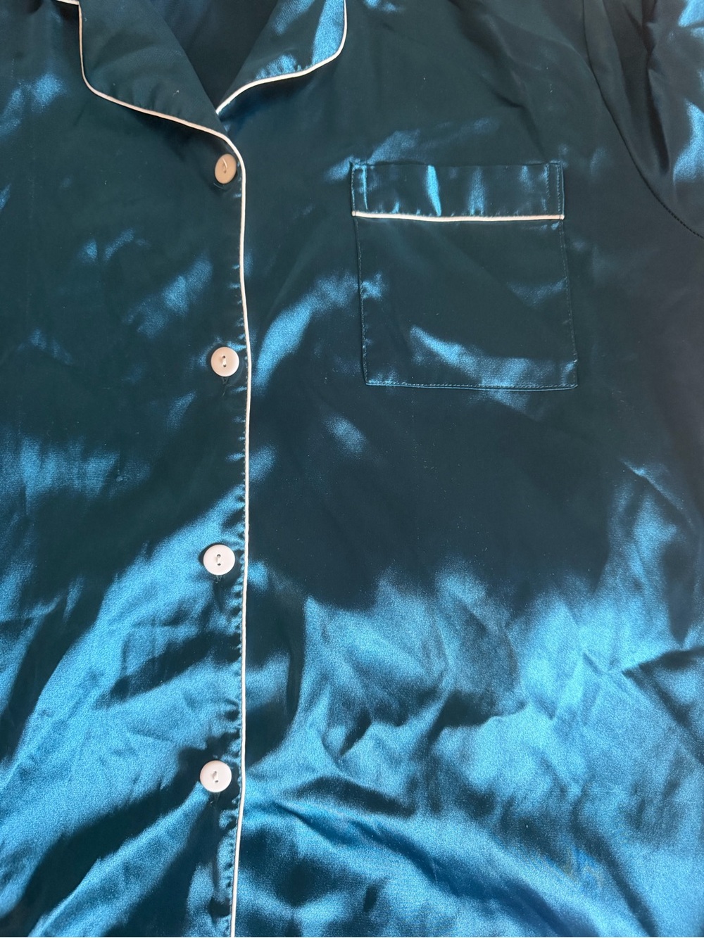 Silk Teal Short Sleeve Pajama Set with White Details - Picture 5 of 8